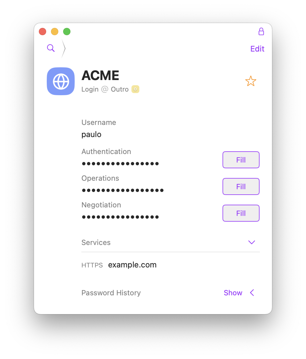 Secrets on macOS showing the Fill button on all of a Login item's passwords.